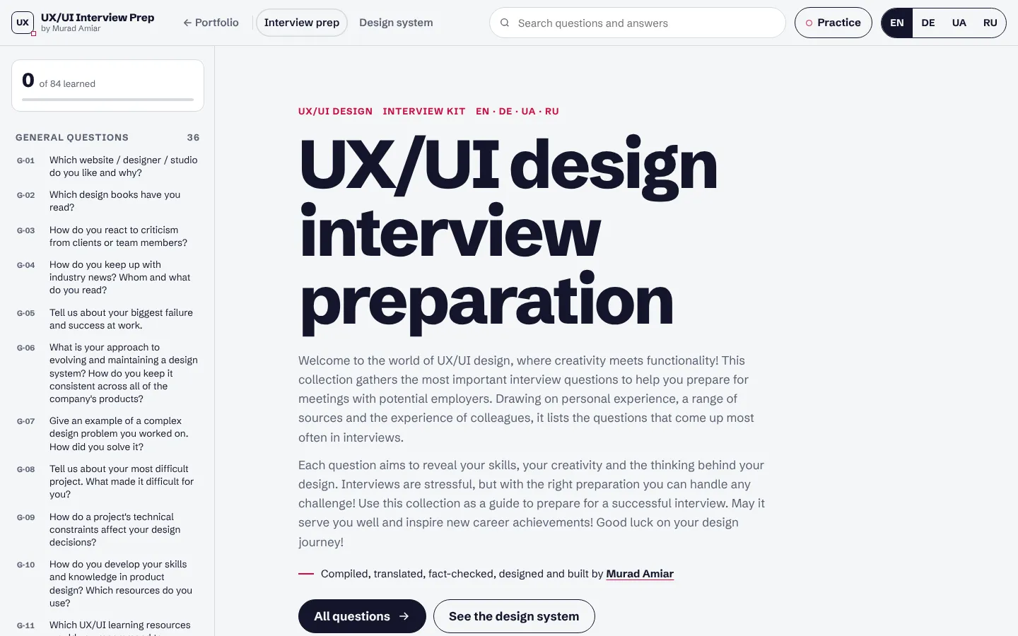 Home screen: title, intro, question counts and the fixed index of all questions