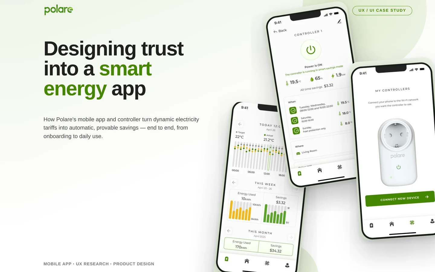 Polare cover: “Designing trust into a smart energy app” with three app screens