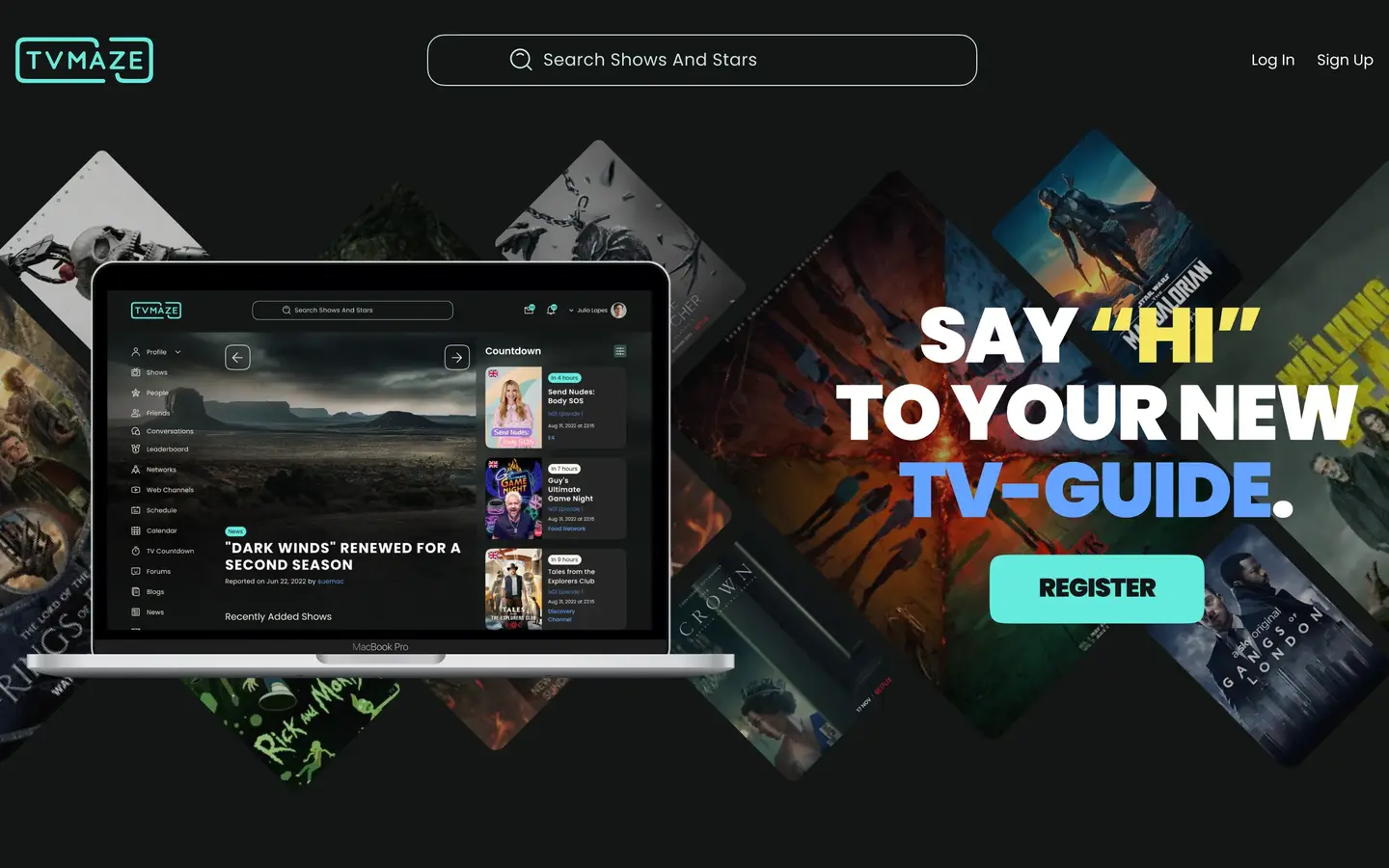 TVmaze landing page with a laptop showing the platform’s home screen